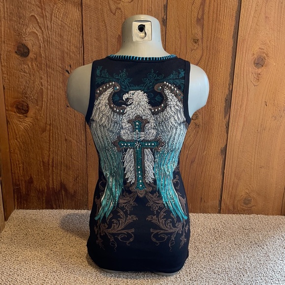 NWT VOCAL TANK top MOTO WINGS CROSS SM-3X black biker harley angel wings - Picture 2 of 7